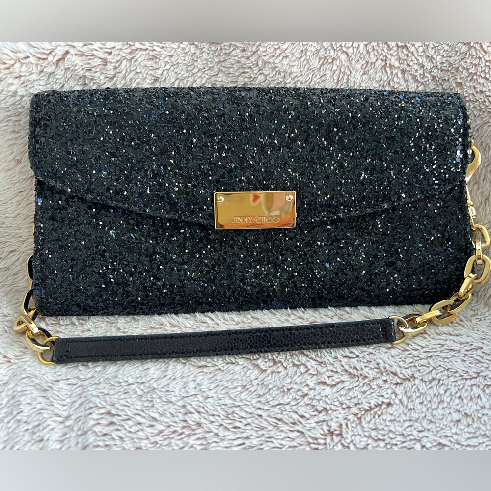 Jimmy Choo Black Glitter clutch with removable Chain, Excellent Loved Condition
